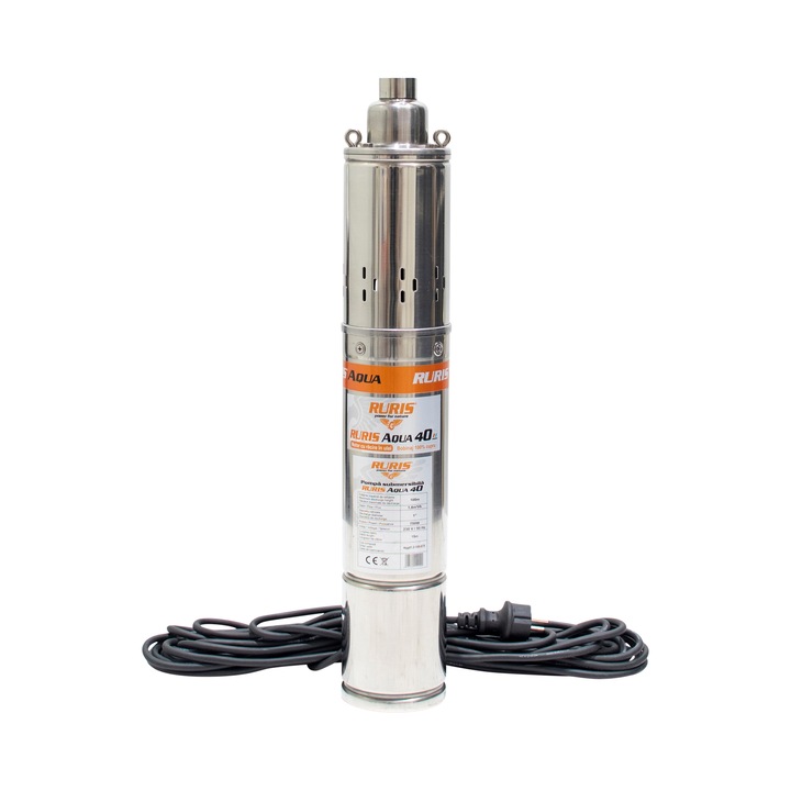 Потопяема помпа за чиста вода Ruris Aqua 40, 750 W, Максимален дебит 30 л/мин, Височина на заустване 100 м, Дълбочина на засмукване 15 м, Максимална температура 35°C