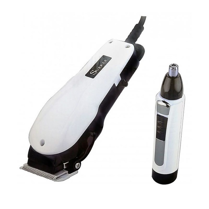 Masina de tuns si trimmer cu 4 capete interschimbabile, Lame din Inox, Alimentare 220-240 V, Buton de Pornire/Oprire, Pieptene inclus, Modern, Alb/Negru