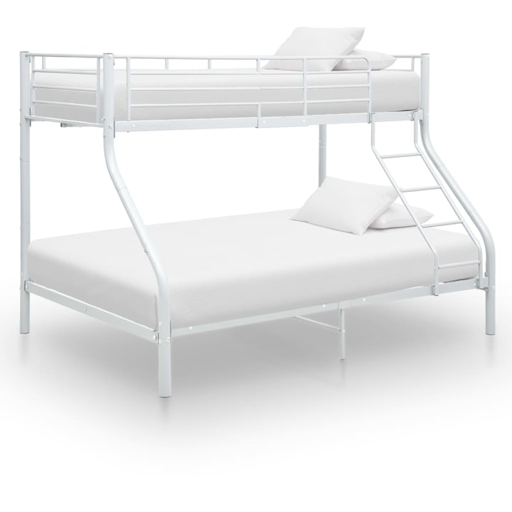 Cadru de pat supraetajat vidaXL, alb, 140 x 200/90 x 200 cm, metal, cu balustrade de siguranta si scara securizata, 45.1 kg