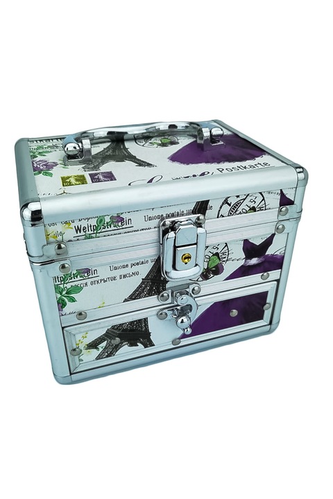 Ékszerdoboz fiókkal, tükörrel és fogantyúval, Paris print, alumínium, 17cm, Doty