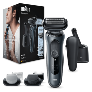 Aparat de ras electric Braun Series 6 61-N7650CC Wet&Dry, AutoSense, 4 elemente de taiere, SensoFlex, Statie de incarcare si curatare Smart Care, accesorii pentru barba si ingrijire corporala, Trusa de voiaj, Gri