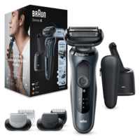 Aparat de ras electric Braun Series 6 61-N7650CC Wet&Dry, AutoSense, 4 elemente de taiere, SensoFlex, Statie de incarcare si curatare Smart Care, accesorii pentru barba si ingrijire corporala, Trusa de voiaj, Gri