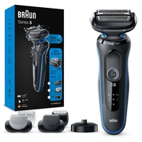Aparat de ras electric Braun Series 5 51-B4650cs Wet&Dry, AutoSense, EasyClean, 3 elemente de taiere, accesorii pentru barba si ingrijire corporala, Statie de incarcare, Negru/Albastru