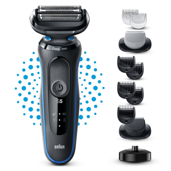 Aparat de ras electric Braun Series 5 51-B4650cs Wet&Dry, AutoSense, EasyClean, 3 elemente de taiere, accesorii pentru barba si ingrijire corporala, Statie de incarcare, Negru/Albastru