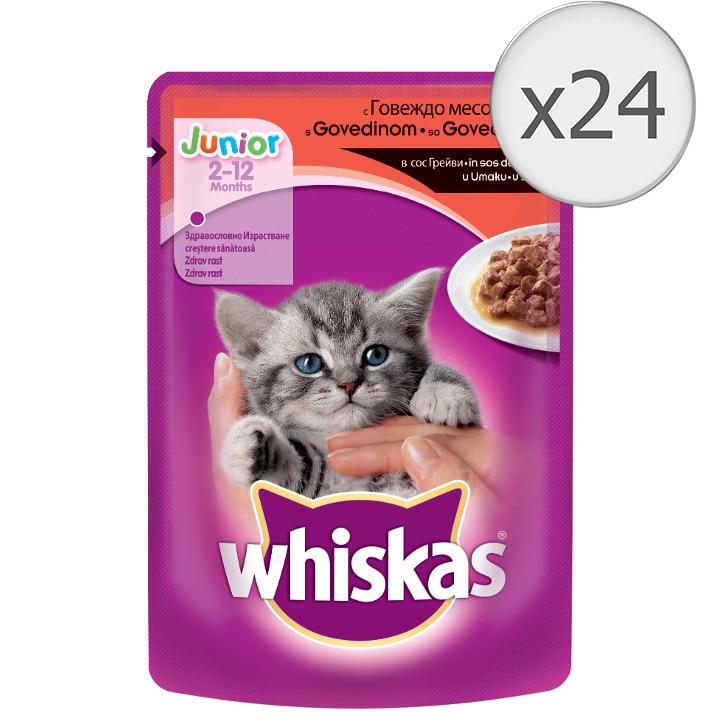 Hrana umeda pentru pisici Whiskas Junior, Vita, 24 buc x 100g
