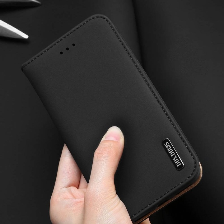 DUX DUCIS Wish védőtok, IPhone SE 2020 / iPhone 8 / iPhone 7 / iPhone 6S / iPhone 6, valódi bőr, Flip cover, állvány és kártytartó, Fekete