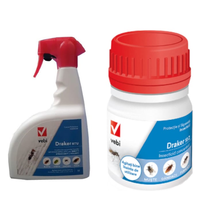 Set Insecticid profesional Spray Draker Rtu, 1 L+ Draker 10.2, 50 ml anti insecte, gandaci, muste, tantari, furnici