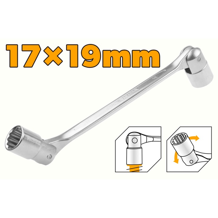 Cheie Dubla Tubulara cu Capat Rotativ TOLSEN 17x19 mm, Cr-V, Finisaj Cromat, tratament termic, finisaj cromat rezistent la coroziune, ideala pentru strangere si desfacere suruburi si piulite in spatii dificile, uz auto si industrial, compatibila cu prelun