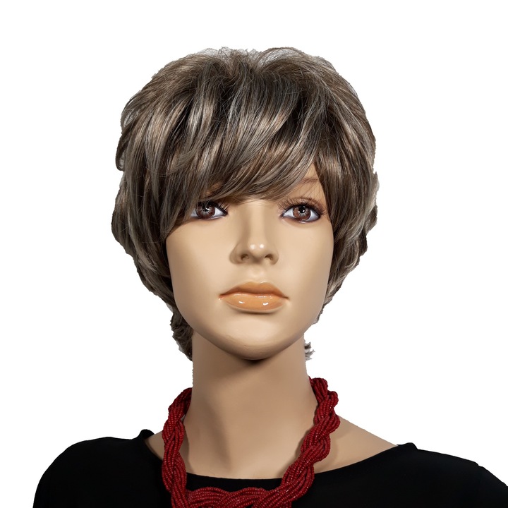Peruca dama, fibra sintetica, gri, cu suvite