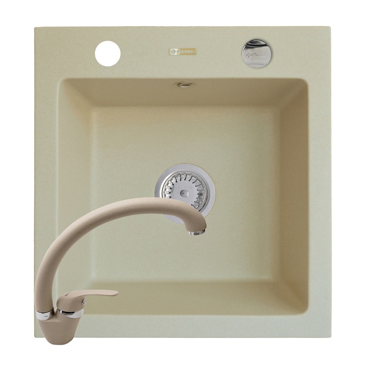 Pachet chiuveta si baterie Pyramis ALYA, 480x505mm, 1 cuva, adancime 190mm, pipa inalta, finisaj pyragranite bej