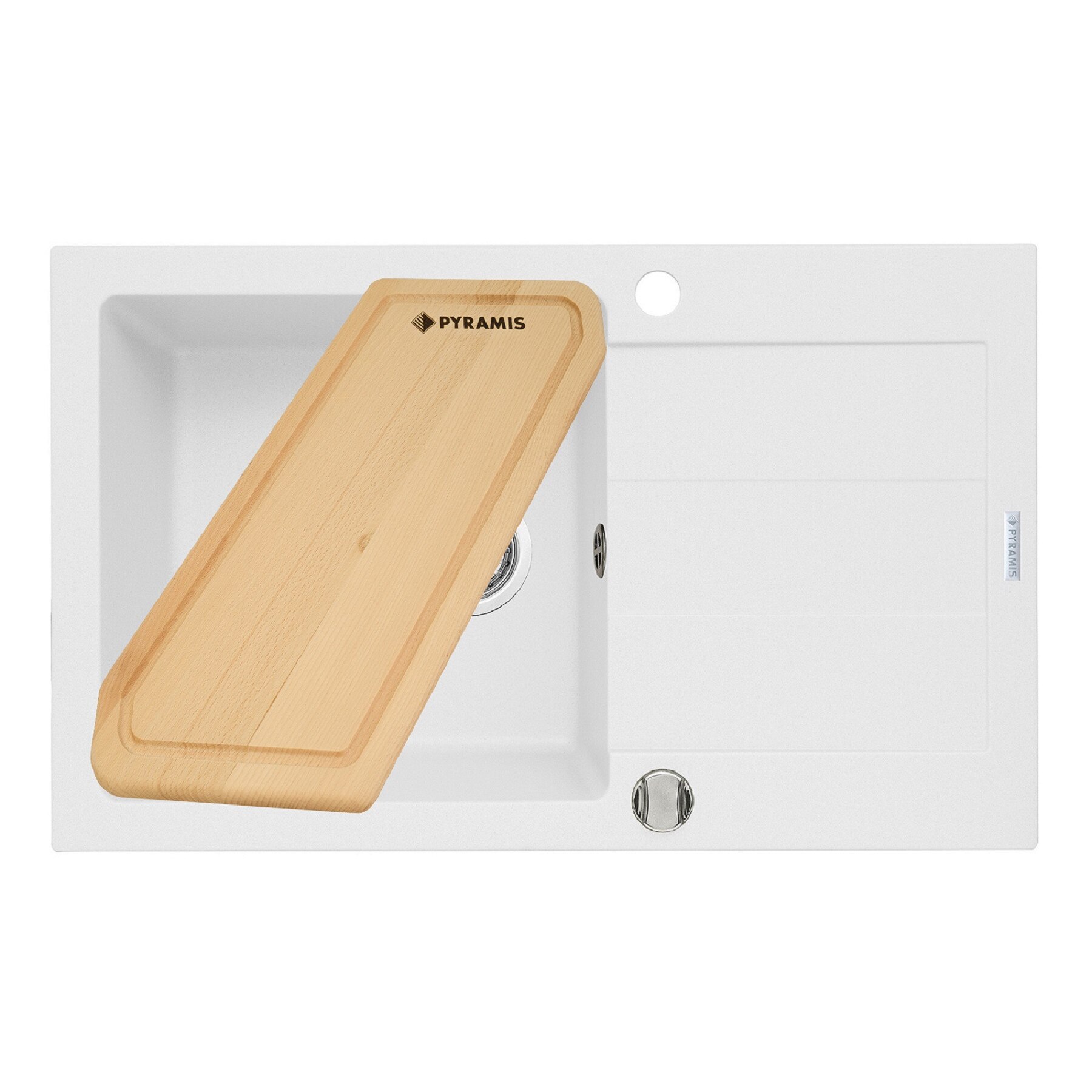 Pachet chiuveta si tocator din lemn Pyramis SPARTA PLUS, 780x480mm, adancime 190mm, reversibila, finisaj pyragranite alb