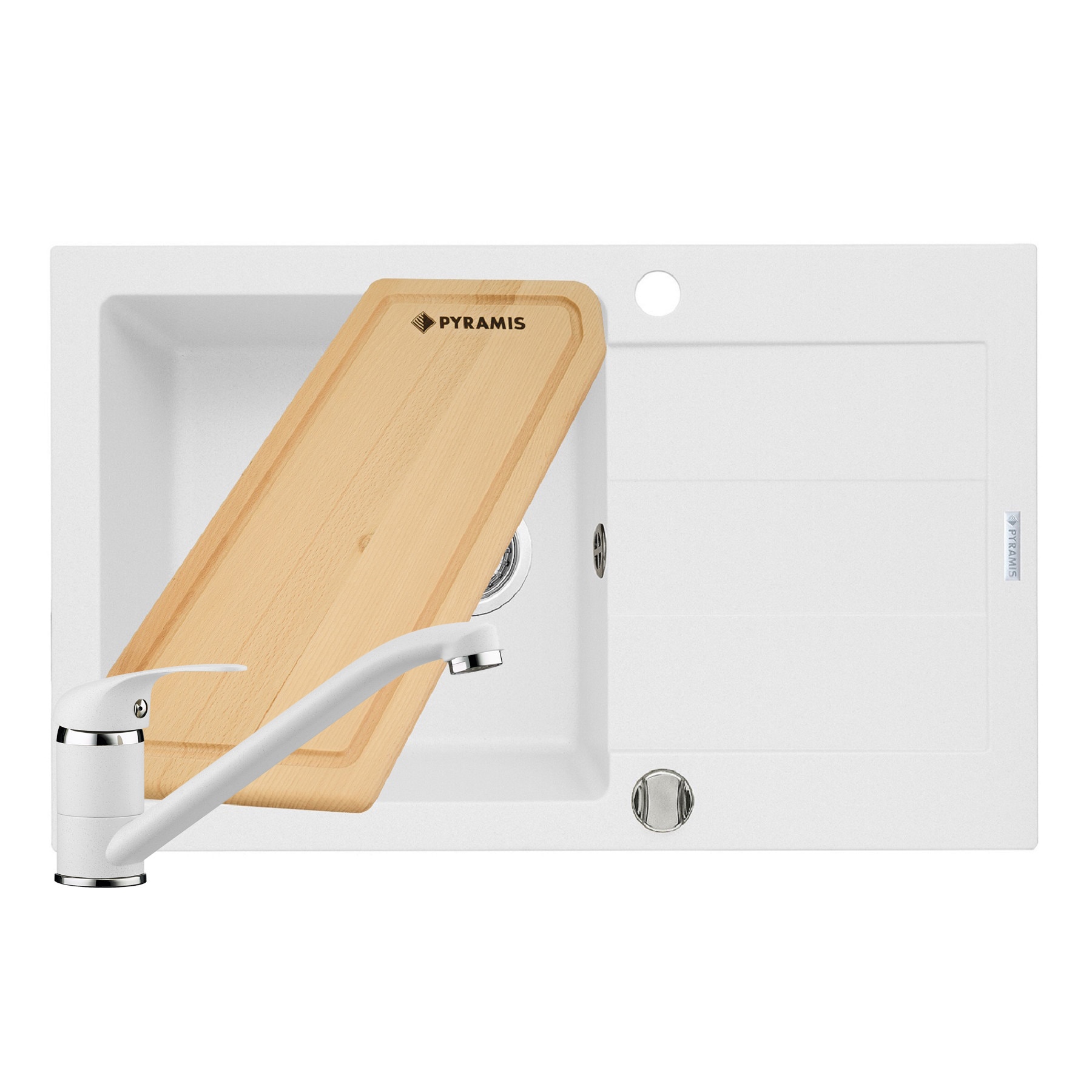 Pachet chiuveta, baterie si tocator din lemn Pyramis SPARTA PLUS, 780x480mm, adancime 190mm, reversibila, pipa lunga, finisaj pyragranite alb