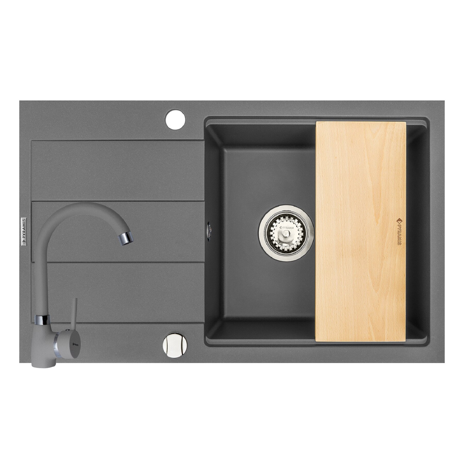 Pachet chiuveta, baterie si tocator Pyramis SPARTA PLUS LUX, 780x480mm, adancime 180mm, cuva in 2 trepte, reversibila, pipa inalta, finisaj pyragranite gri