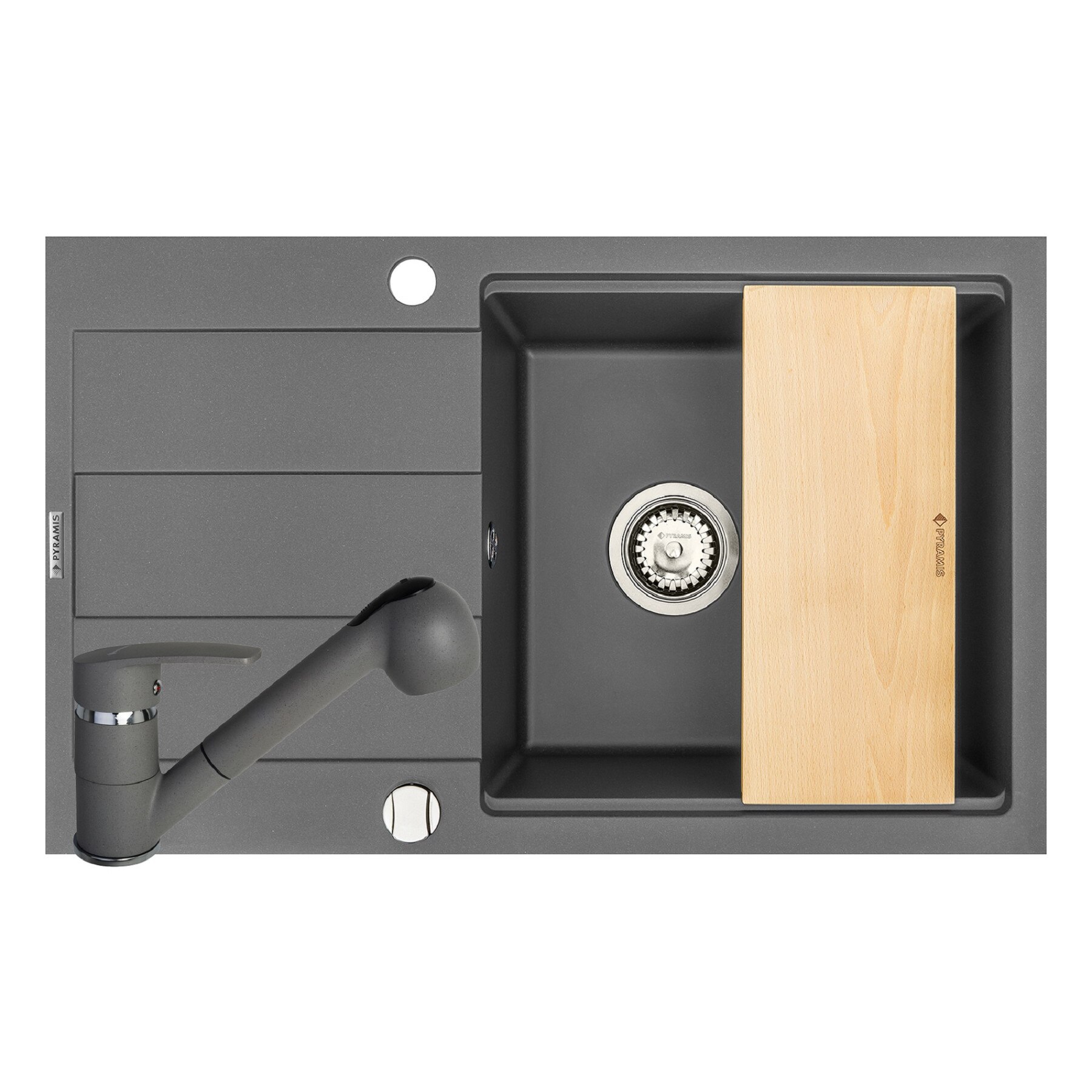 Pachet chiuveta, baterie si tocator Pyramis SPARTA PLUS LUX, 780x480mm, adancime 180mm, cuva in 2 trepte, reversibila, pipa cu dus, finisaj pyragranite gri