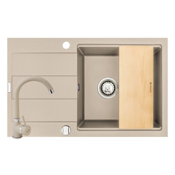 Pachet chiuveta, baterie si tocator Pyramis SPARTA PLUS LUX, 780x480mm, adancime 180mm, cuva in 2 trepte, reversibila, pipa inalta, finisaj pyragranite bej Pachet chiuveta, baterie si tocator Pyramis SPARTA PLUS LUX, 780x480mm, adancime 180mm, cuva in 2 trepte, reversibila, pipa inalta, finisaj pyragranite bej