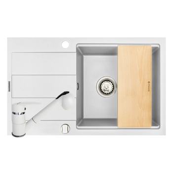 Pachet chiuveta, baterie si tocator Pyramis SPARTA PLUS LUX, 780x480mm, adancime 180mm, cuva in 2 trepte, reversibila, pipa cu dus, finisaj pyragranite alb Pachet chiuveta, baterie si tocator Pyramis SPARTA PLUS LUX, 780x480mm, adancime 180mm, cuva in 2 trepte, reversibila, pipa cu dus, finisaj pyragranite alb