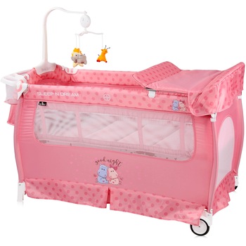 Patut pliabil Lorelli Sleep'n Dream, 2 nivele, Hipopotam, Roz Patut pliabil Lorelli Sleep'n Dream, 2 nivele, Hipopotam, Roz