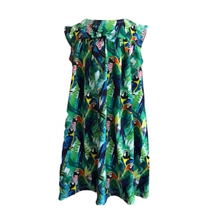 Rochita casual de vara Camilla, Bumbac organic, imprimeu Pasari/Floral, Multicolor, 98 - 104 cm, 3 - 4 ani
