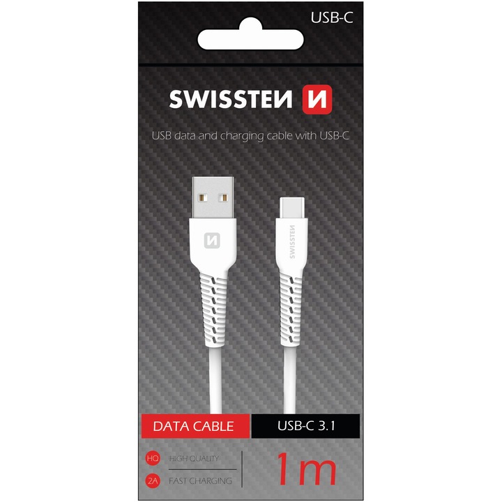 Swissten Adatkábel, C típusú, 1 m, Fehér