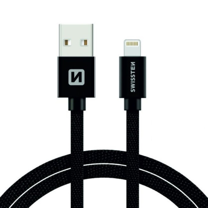 Swissten Adatkábel textil bevonattal, USB/lightning, 2 m, Fekete