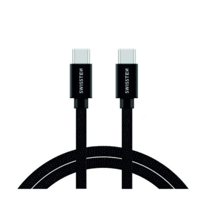 Swissten Adatkábel textil bevonattal, USB-C/USB-C, 1.2 m, Fekete
