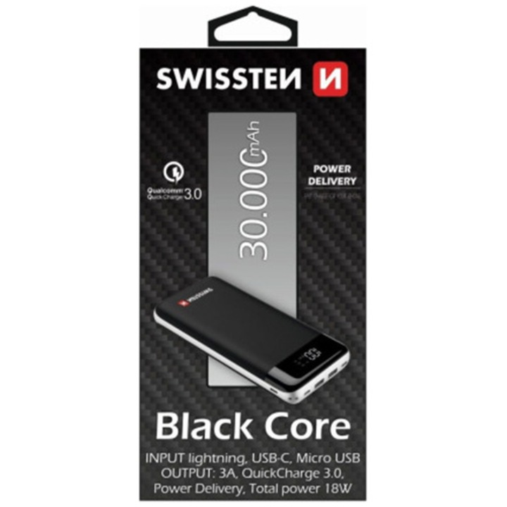 Swissten black core power bank, 30000 mAh, mikro USB, USB-C és lightning input, Qualcomm 3.0 output, Power Delivery, 18W