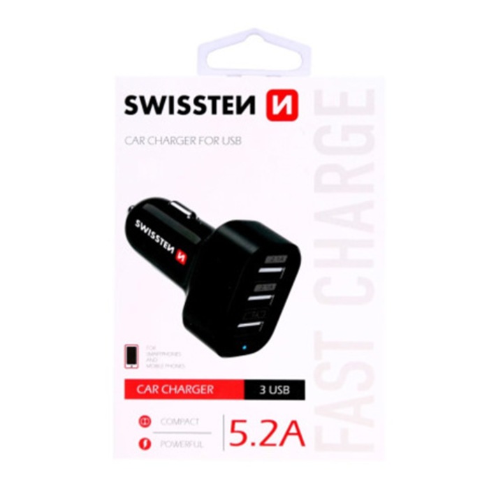 Incarcator auto Swissten 3xUSB 5.2A, Negru