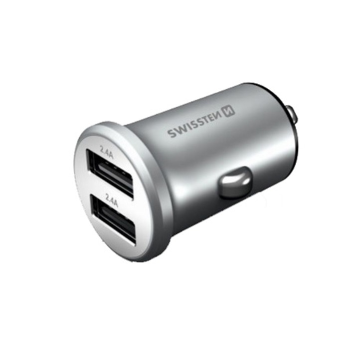Зарядно устройство за кола Swissten, 2 x USB 4.8A, Сребрист