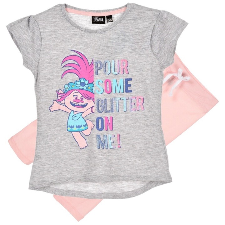Pijama Trolls, maneca scurta, gri/roz, Trolls 2