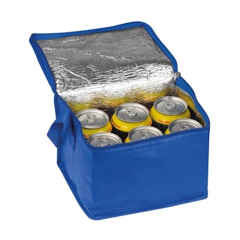 Geanta termoizolanta pentru 6 doze, cu bretele, albastra Geanta termoizolanta pentru 6 doze, cu bretele, albastra