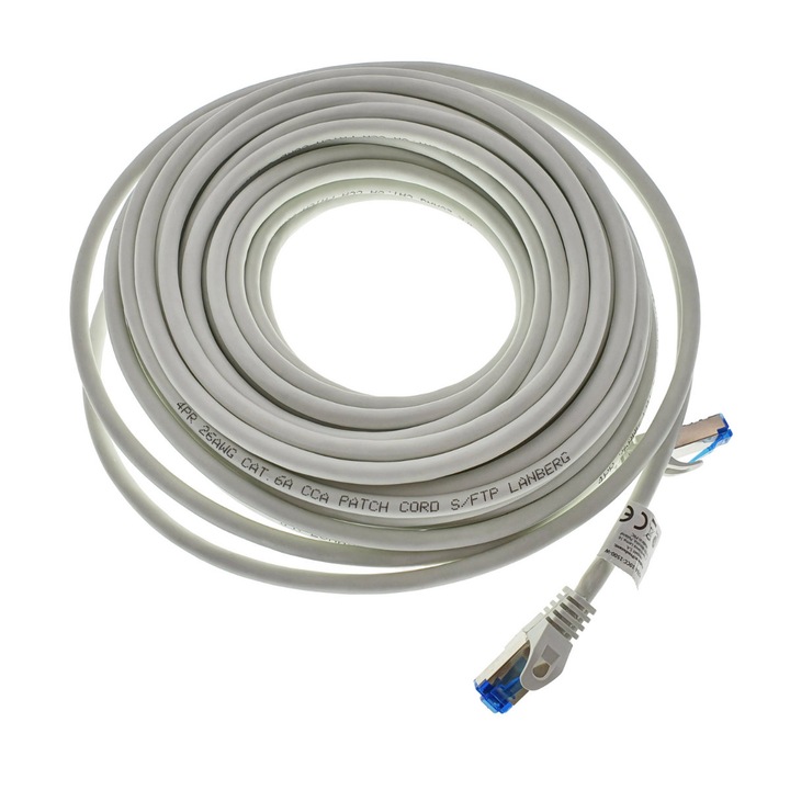 Cablu ecranat S / FTP, Lanberg 42728, cat 6A, mufat 2xRJ45, lungime 15 m, AWG 26, 500 MHz, LSZH, de legatura retea, ethernet, alb