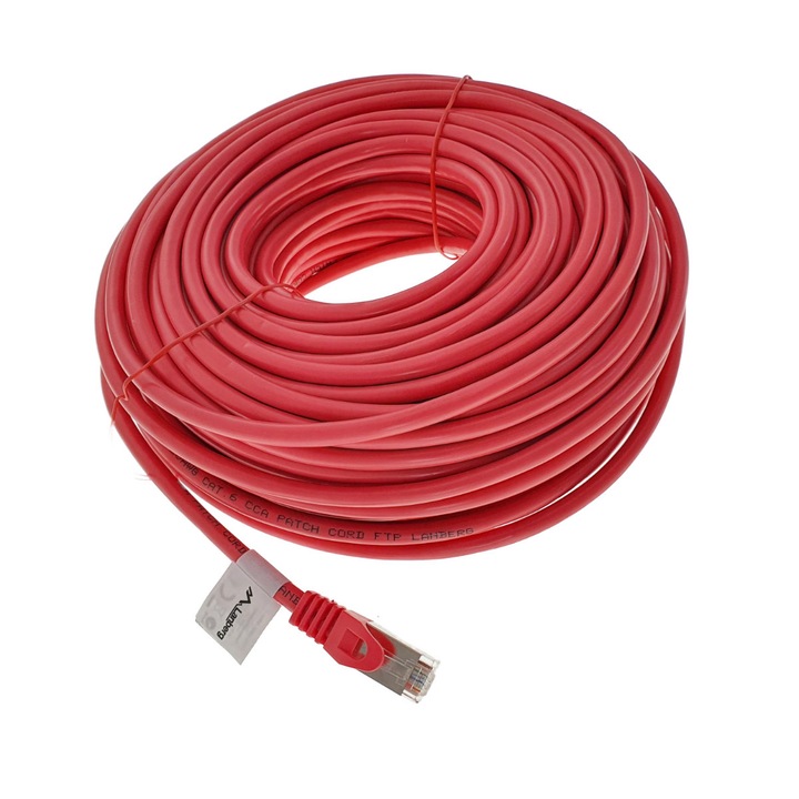 Cablu ecranat FTP, Lanberg 42802, cat 6, mufat 2xRJ45, lungime 30m, AWG 26, 250 MHz, de legatura retea, ethernet, rosu