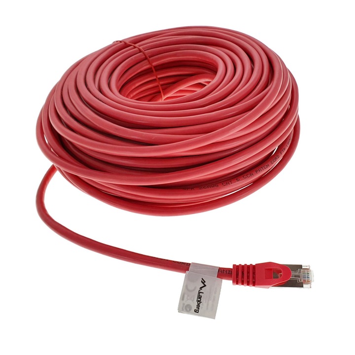 Cablu ecranat FTP, Lanberg 42802, cat 6, mufat 2xRJ45, lungime 30m, AWG 26, 250 MHz, de legatura retea, ethernet, rosu