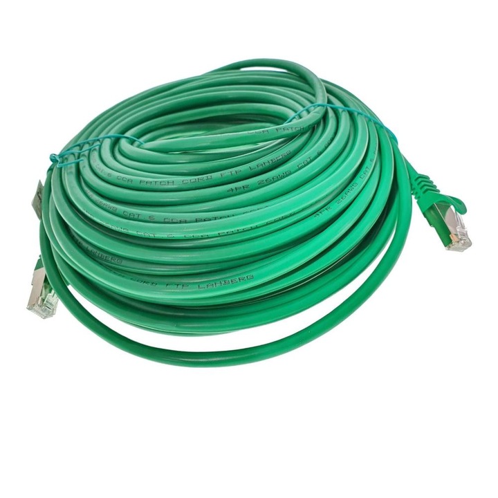 Cablu ecranat FTP, Lanberg 42800, cat 6, mufat 2xRJ45, lungime 30m, AWG 26, 250 MHz, de legatura retea, ethernet, verde