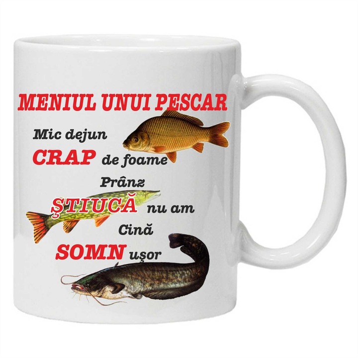 Cana personalizata "meniu pentru pescari si rugaciune pentru pescari", CRD PRINT, 330ml, alba