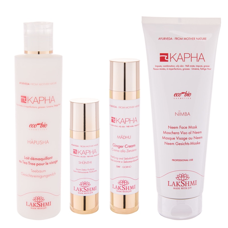 Set 4 produse pentru tenul gras, mixt si cu impuritati 530ml, ser detoxifiant 30ml, lapte demachiant cu arbore de ceai 200ml, masca cu neem 250ml si crema cu ghimbir 50ml, Lakshmi, produse bio-organice