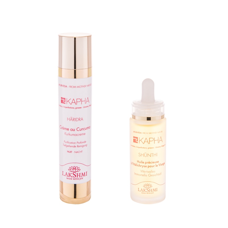 Set 2 produse pentru pielea grasa, mixta si cu impuritati, uleiul facial cu imortela 30ml si crema cu turmeric 50ml, Lakshmi, produse bio-organice