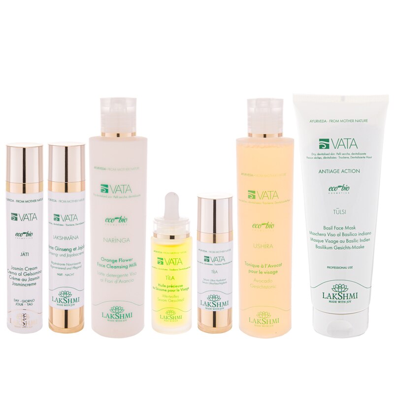 Set complet 7 produse pentru pielea uscata, deshidratata si lipsita de vitalitate, Lakshmi, 810 ml, certificate bio-organic
