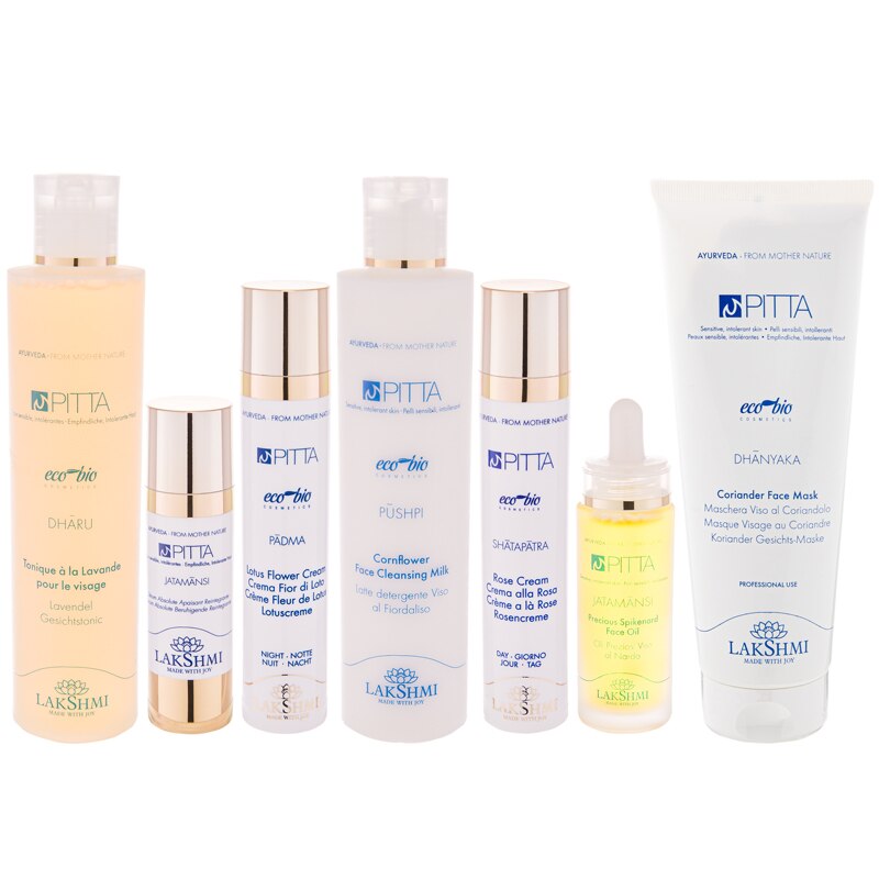 Set complet 7 produse pentru pielea sensibila, cuperozica, usor iritabila si reactiva, Lakshmi, 810 ml, certificate bio-organic