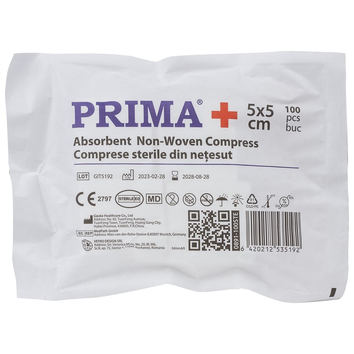 Comprese sterile din PPSB, PRIMA, pliate in 4, 5x5cm, 100 bucati
