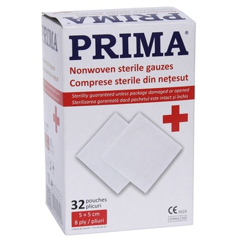 Comprese Sterile pliate in 8, 5X5cm, 32 plicuri/cutie Comprese Sterile pliate in 8, 5X5cm, 32 plicuri/cutie