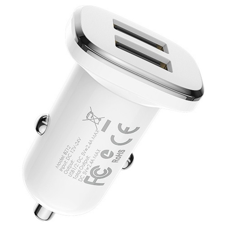 Borofone BZ12 Lasting Autós töltő, 2 x USB, 2.4A, Fehér