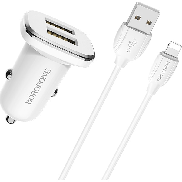 Incarcator auto Borofone, BZ12 Lasting, dual USB, 2.4A, cablu Lightning inclus, 1m, Alb