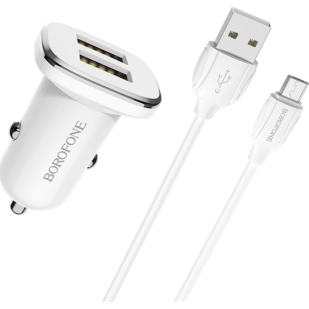 Incarcator auto Borofone, BZ12 Lasting, dual USB, 2.4A, cablu MicroUSB inclus, 1m, Alb