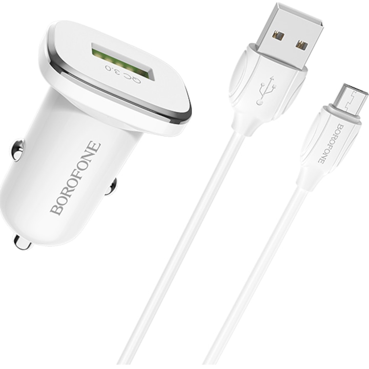 Borofone BZ12A Lasting Autós töltő, USB, QC 3.0, 3.6A, MicroUSB kábel, 1m, Fehér