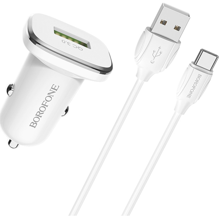 Borofone BZ12A autós töltő, kettős USB QC3.0, 3.6A, C típusú kábel mellékelve, 1 m, fehér