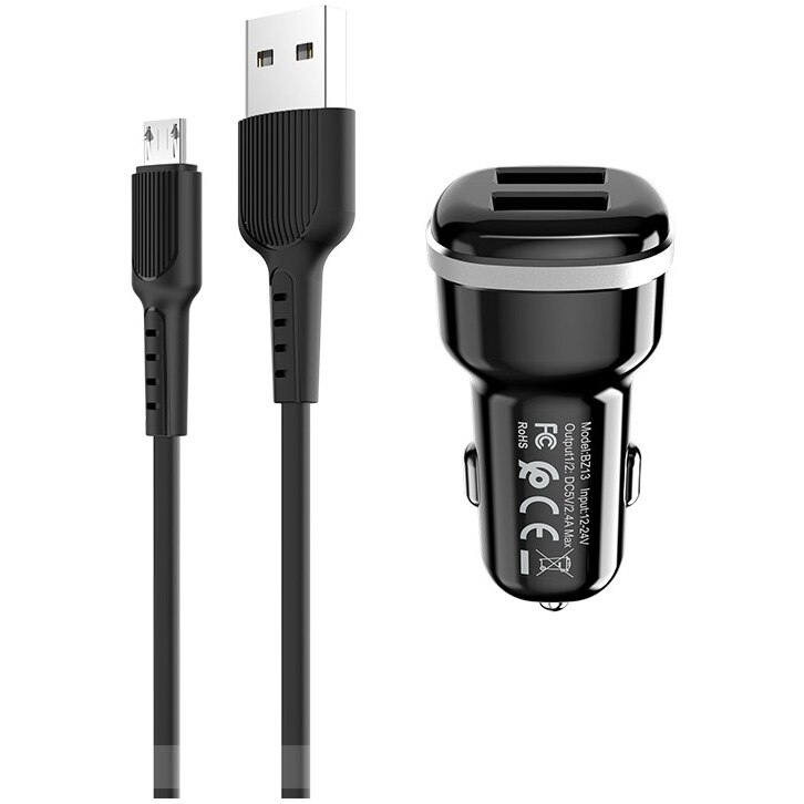 Incarcator auto Borofone BZ13 2XUSB, 12W, Cablu MicroUSB, Negru