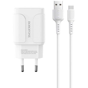 Incarcator retea Borofone A37A 2XUSB, Cablu Type C, Alb Incarcator retea Borofone A37A 2XUSB, Cablu Type C, Alb