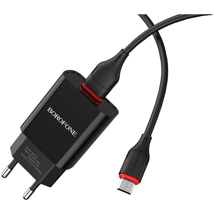Set Incarcator retea Borofone BA20A, Cablu date MicroUSB, 1m, Negru