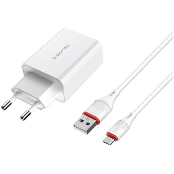Set Incarcator Retea Borofone BA21A + Cablu Date Micro USB QC3.0, Alb Set Incarcator Retea Borofone BA21A + Cablu Date Micro USB QC3.0, Alb